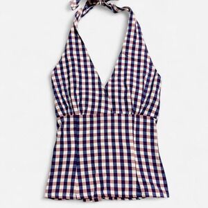 Upcycled Gingham Y2K Halter Top XS S Smocked Back Tie Neck Cottagecore Summer